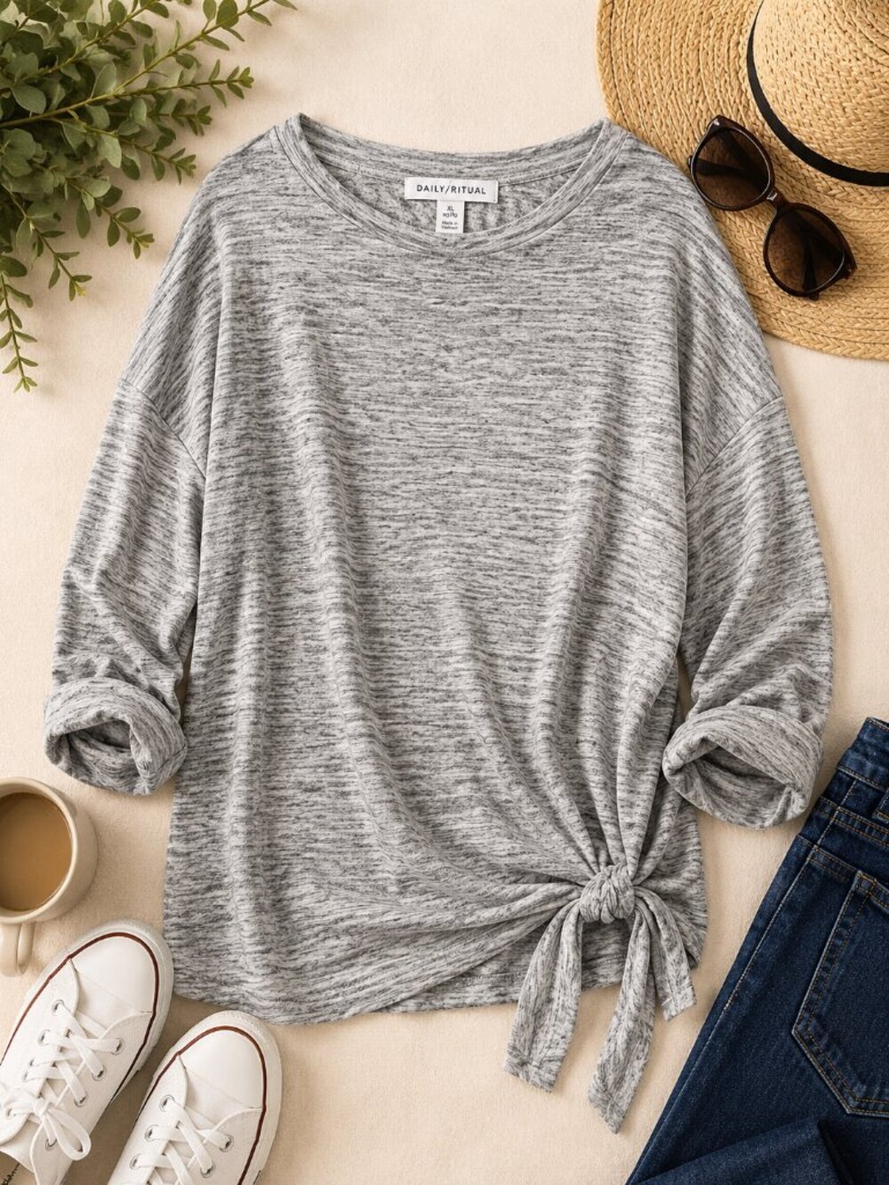 Light Gray Tie-Hem Knit Top